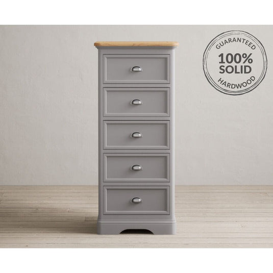 Bridstow Oak and Light Grey Painted 5 Drawer Tallboy Storage Bridstow