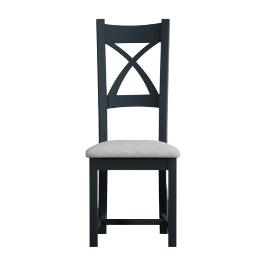 Painted Dark Blue X Back Dining Chairs with Light Grey Fabric Seat Pad Dining Chairs Painted