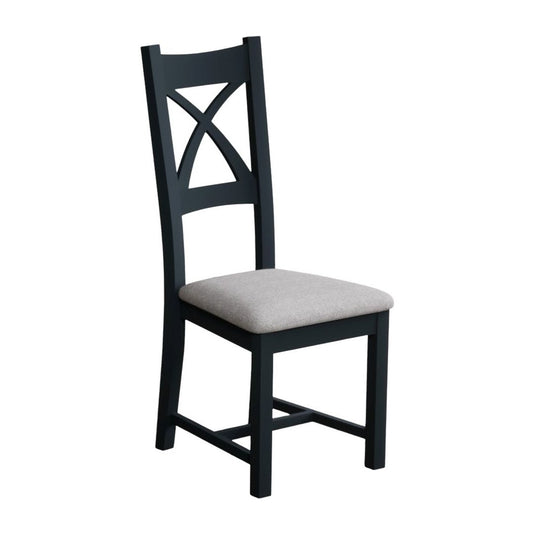 Painted Dark Blue X Back Dining Chairs with Light Grey Fabric Seat Pad Dining Chairs Painted