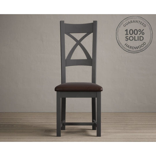 Painted Charcoal Grey X Back Dining Chairs with Chocolate Brown Leather Seat Pad Dining Chairs Painted