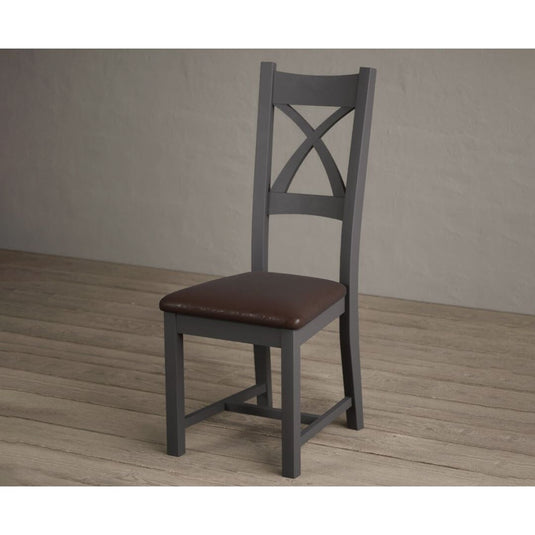 Painted Charcoal Grey X Back Dining Chairs with Chocolate Brown Leather Seat Pad Dining Chairs Painted