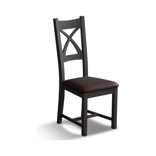 Painted Charcoal Grey X Back Dining Chairs with Chocolate Brown Leather Seat Pad Dining Chairs Painted