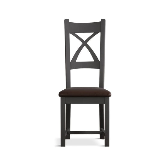 Painted Charcoal Grey X Back Dining Chairs with Chocolate Brown Leather Seat Pad Dining Chairs Painted