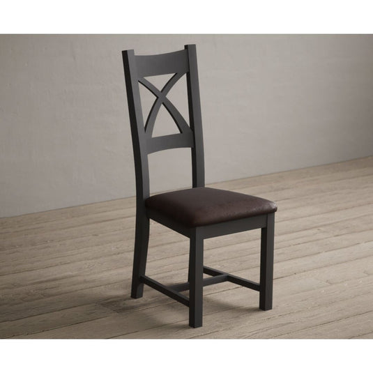Painted Charcoal Grey X Back Dining Chairs with Chocolate Brown Leather Seat Pad Dining Chairs Painted