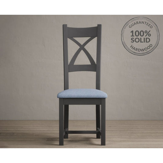 Painted Charcoal Grey X Back Dining Chairs with Sky Blue Fabric Seat Pad Dining Chairs Painted