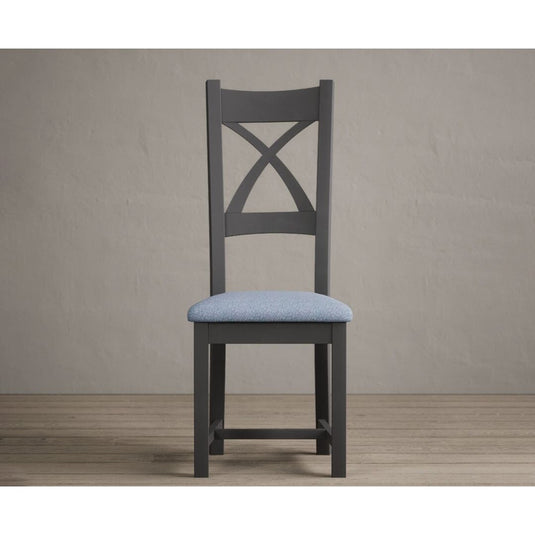 Painted Charcoal Grey X Back Dining Chairs with Sky Blue Fabric Seat Pad Dining Chairs Painted