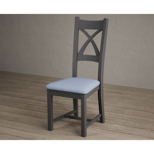 Painted Charcoal Grey X Back Dining Chairs with Sky Blue Fabric Seat Pad Dining Chairs Painted