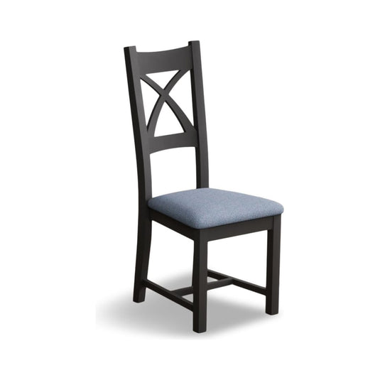 Painted Charcoal Grey X Back Dining Chairs with Sky Blue Fabric Seat Pad Dining Chairs Painted