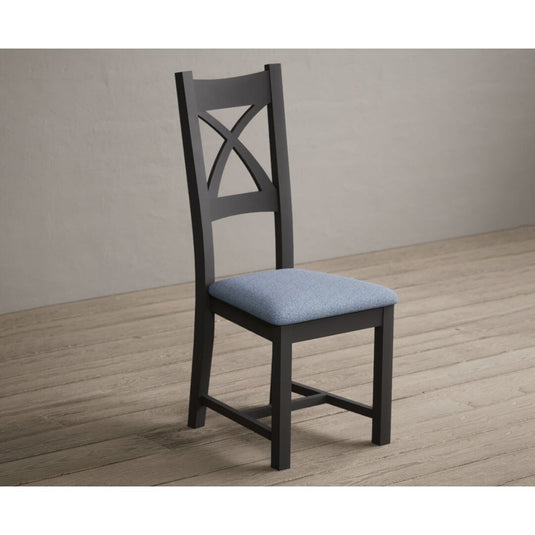 Painted Charcoal Grey X Back Dining Chairs with Sky Blue Fabric Seat Pad Dining Chairs Painted