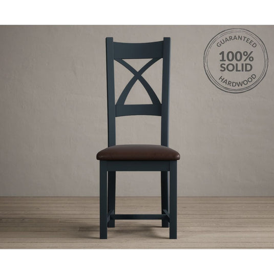 Painted Dark Blue X Back Dining Chairs with Chocolate Brown Leather Seat Pad Dining Chairs Painted
