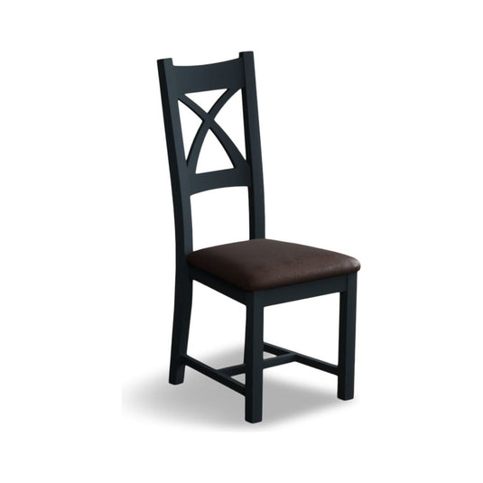 Painted Dark Blue X Back Dining Chairs with Chocolate Brown Leather Seat Pad Dining Chairs Painted