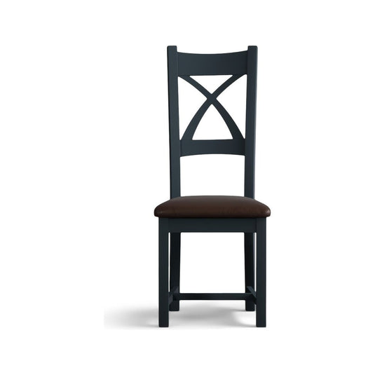 Painted Dark Blue X Back Dining Chairs with Chocolate Brown Leather Seat Pad Dining Chairs Painted