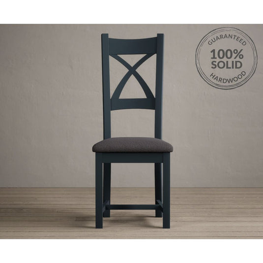 Painted Dark Blue X Back Dining Chairs with Charcoal Grey Fabric Seat Pad Dining Chairs Painted
