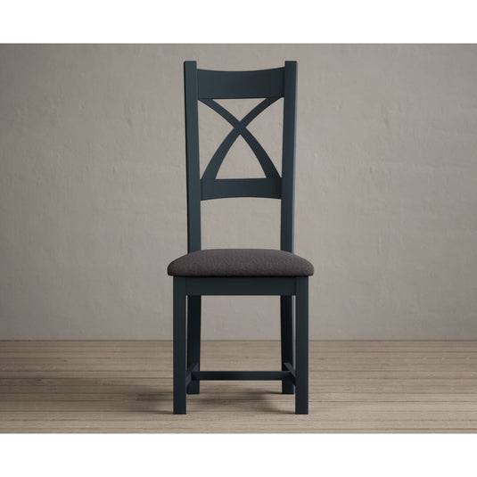Painted Dark Blue X Back Dining Chairs with Charcoal Grey Fabric Seat Pad Dining Chairs Painted