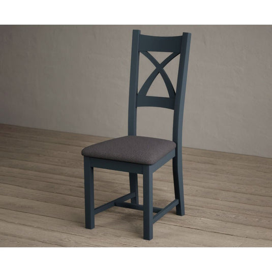Painted Dark Blue X Back Dining Chairs with Charcoal Grey Fabric Seat Pad Dining Chairs Painted