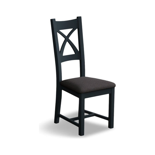 Painted Dark Blue X Back Dining Chairs with Charcoal Grey Fabric Seat Pad Dining Chairs Painted