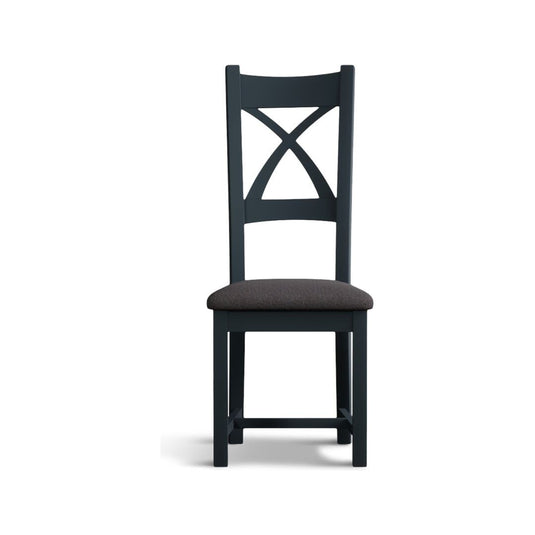 Painted Dark Blue X Back Dining Chairs with Charcoal Grey Fabric Seat Pad Dining Chairs Painted