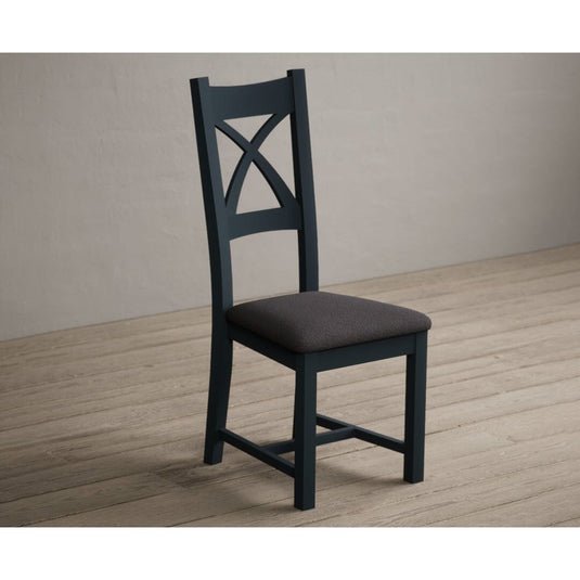 Painted Dark Blue X Back Dining Chairs with Charcoal Grey Fabric Seat Pad Dining Chairs Painted