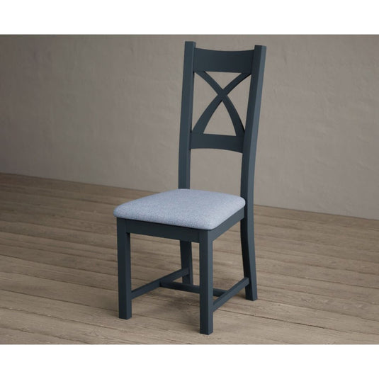 Painted Dark Blue X Back Dining Chairs with Sky Blue Fabric Seat Pad Dining Chairs Painted