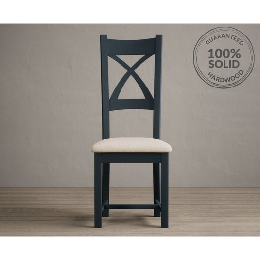 Painted Dark Blue X Back Dining Chairs with Linen Seat Pad Dining Chairs Painted