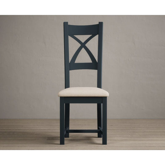 Painted Dark Blue X Back Dining Chairs with Linen Seat Pad Dining Chairs Painted