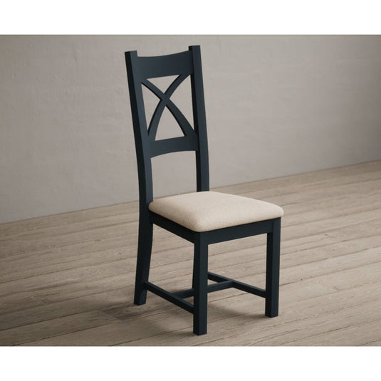 Painted Dark Blue X Back Dining Chairs with Linen Seat Pad Dining Chairs Painted