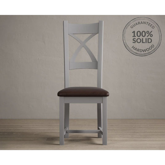 Painted Light Grey X Back Dining Chairs with Chocolate Brown Leather Seat Pad Dining Chairs Painted