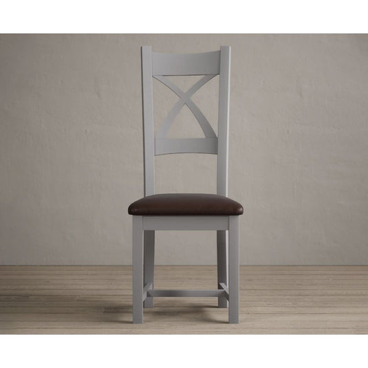 Painted Light Grey X Back Dining Chairs with Chocolate Brown Leather Seat Pad Dining Chairs Painted