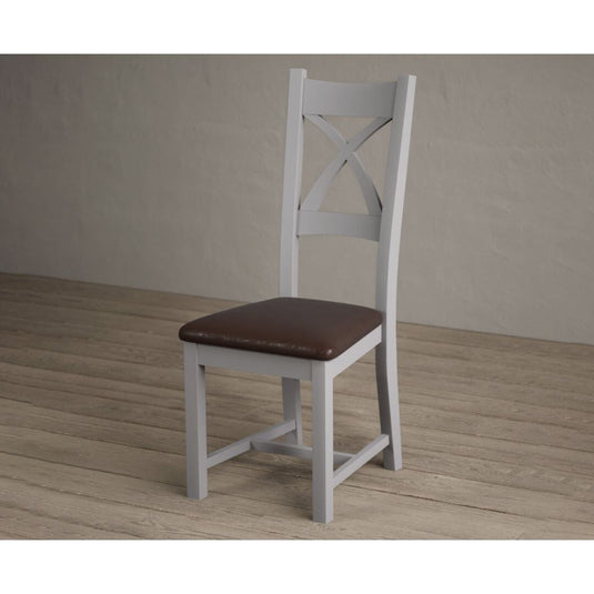Painted Light Grey X Back Dining Chairs with Chocolate Brown Leather Seat Pad Dining Chairs Painted