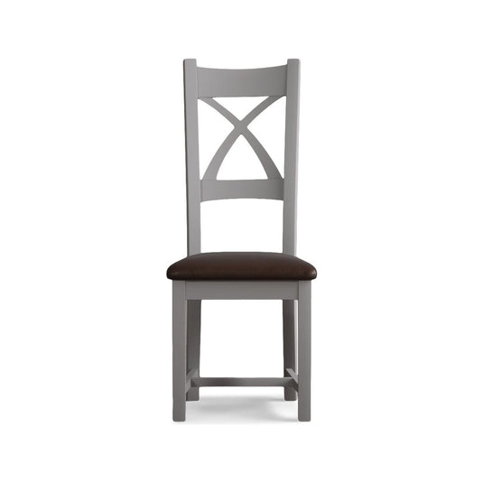 Painted Light Grey X Back Dining Chairs with Chocolate Brown Leather Seat Pad Dining Chairs Painted