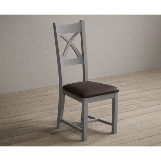 Painted Light Grey X Back Dining Chairs with Chocolate Brown Leather Seat Pad Dining Chairs Painted