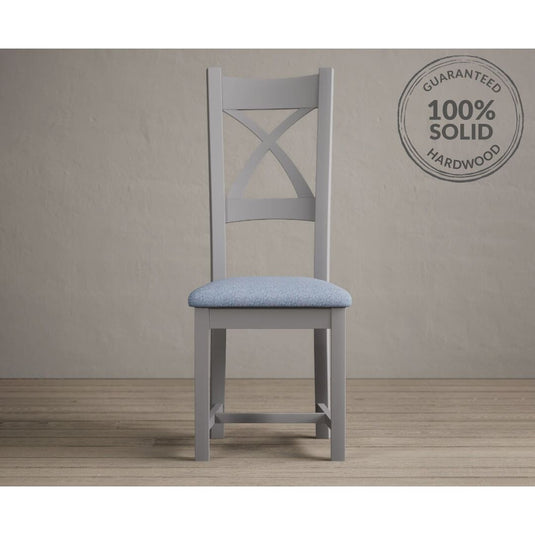 Painted Light Grey X Back Dining Chairs with Sky Blue Fabric Seat Pad Dining Chairs Painted