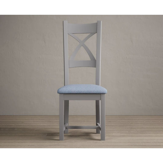 Painted Light Grey X Back Dining Chairs with Sky Blue Fabric Seat Pad Dining Chairs Painted