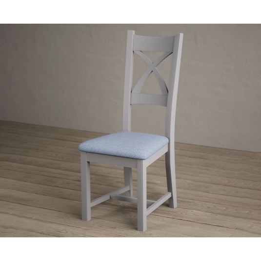 Painted Light Grey X Back Dining Chairs with Sky Blue Fabric Seat Pad Dining Chairs Painted