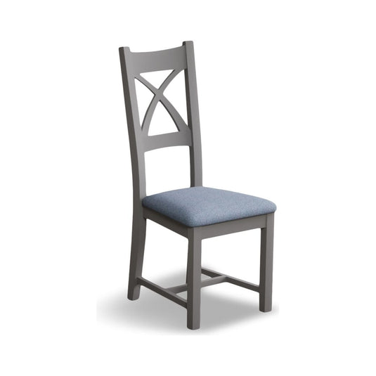 Painted Light Grey X Back Dining Chairs with Sky Blue Fabric Seat Pad Dining Chairs Painted