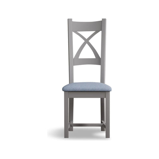 Painted Light Grey X Back Dining Chairs with Sky Blue Fabric Seat Pad Dining Chairs Painted