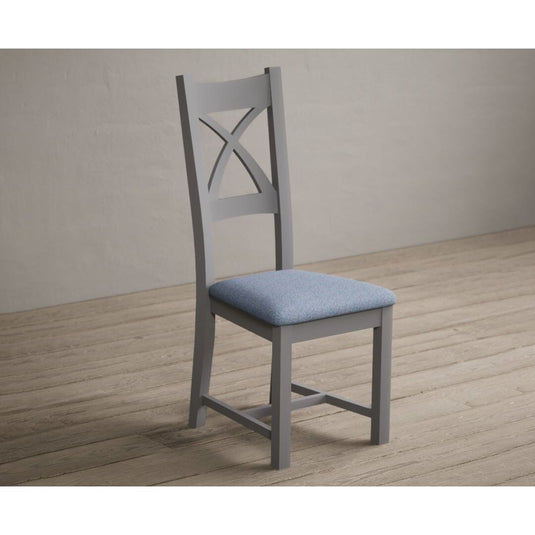 Painted Light Grey X Back Dining Chairs with Sky Blue Fabric Seat Pad Dining Chairs Painted