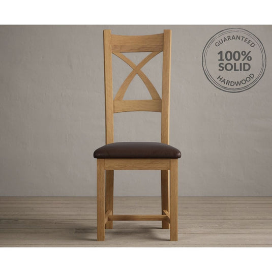 Natural Solid Oak X Back Dining Chairs with Chocolate Brown Leather Seat Pad Dining Chairs Natural