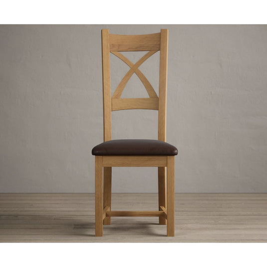 Natural Solid Oak X Back Dining Chairs with Chocolate Brown Leather Seat Pad Dining Chairs Natural