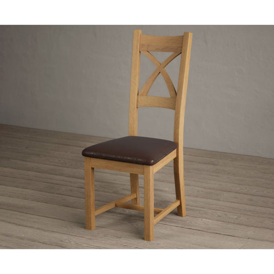 Natural Solid Oak X Back Dining Chairs with Chocolate Brown Leather Seat Pad Dining Chairs Natural