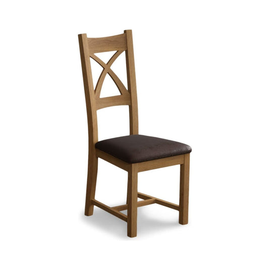Natural Solid Oak X Back Dining Chairs with Chocolate Brown Leather Seat Pad Dining Chairs Natural