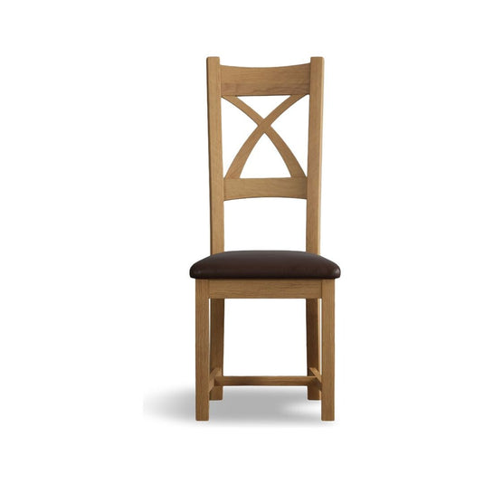 Natural Solid Oak X Back Dining Chairs with Chocolate Brown Leather Seat Pad Dining Chairs Natural