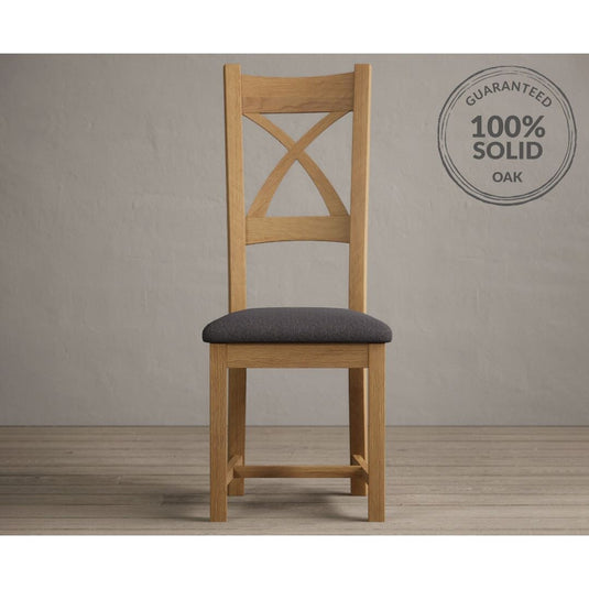 Natural Solid Oak X Back Dining Chairs with Charcoal Grey Fabric Seat Pad Dining Chairs Natural