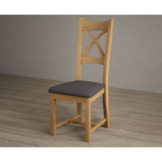 Natural Solid Oak X Back Dining Chairs with Charcoal Grey Fabric Seat Pad Dining Chairs Natural