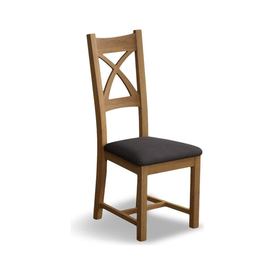Natural Solid Oak X Back Dining Chairs with Charcoal Grey Fabric Seat Pad Dining Chairs Natural