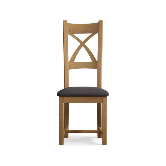 Natural Solid Oak X Back Dining Chairs with Charcoal Grey Fabric Seat Pad Dining Chairs Natural