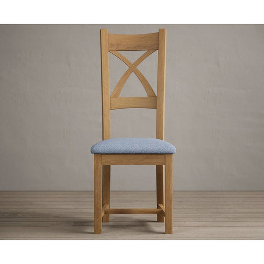 Natural Solid Oak X Back Dining Chairs with Sky Blue Fabric Seat Pad Dining Chairs Natural