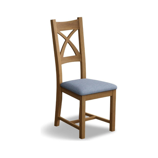 Natural Solid Oak X Back Dining Chairs with Sky Blue Fabric Seat Pad Dining Chairs Natural