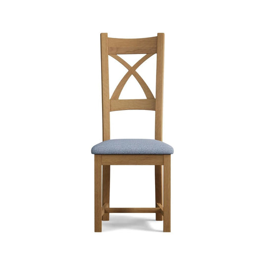 Natural Solid Oak X Back Dining Chairs with Sky Blue Fabric Seat Pad Dining Chairs Natural