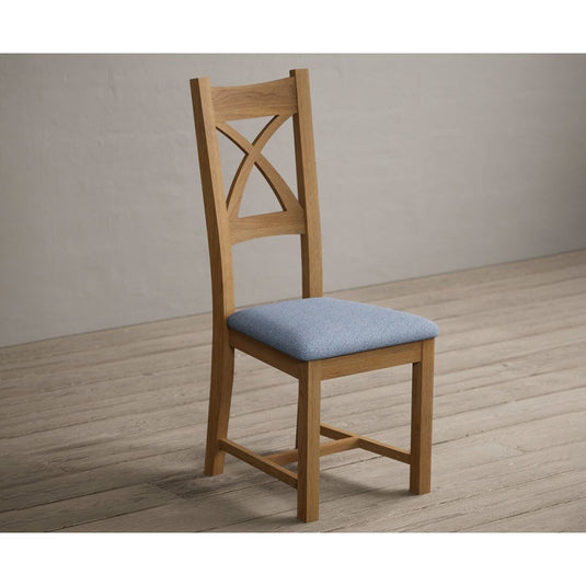 Natural Solid Oak X Back Dining Chairs with Sky Blue Fabric Seat Pad Dining Chairs Natural